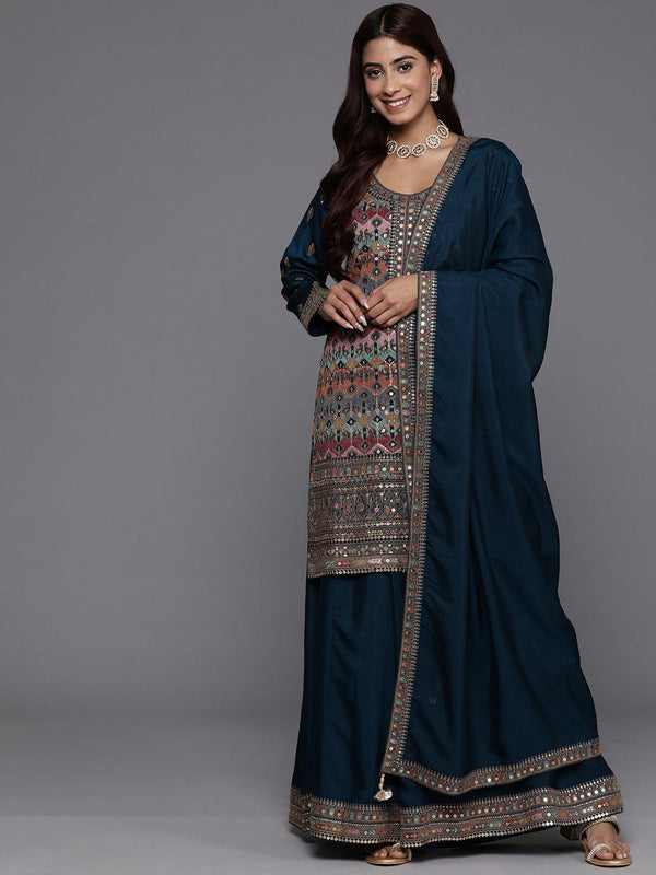 Jashvi Art Teal Embroidered Silk Blend Straight Kurta With Palazzos & Dupatta - Jashvi