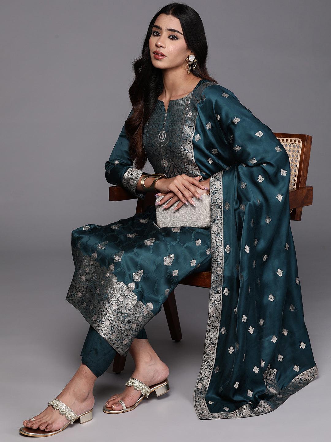 Jashvi Art Teal Embroidered Silk Straight Kurta With Trousers & Dupatta - Jashvi