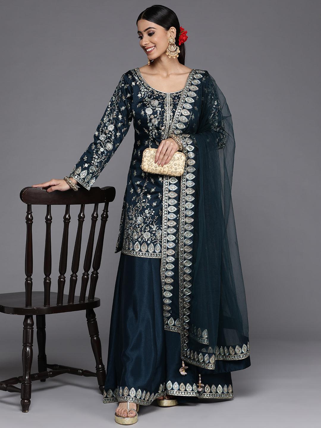 Jashvi Art Teal Embroidered Silk Straight Suit Set - Jashvi