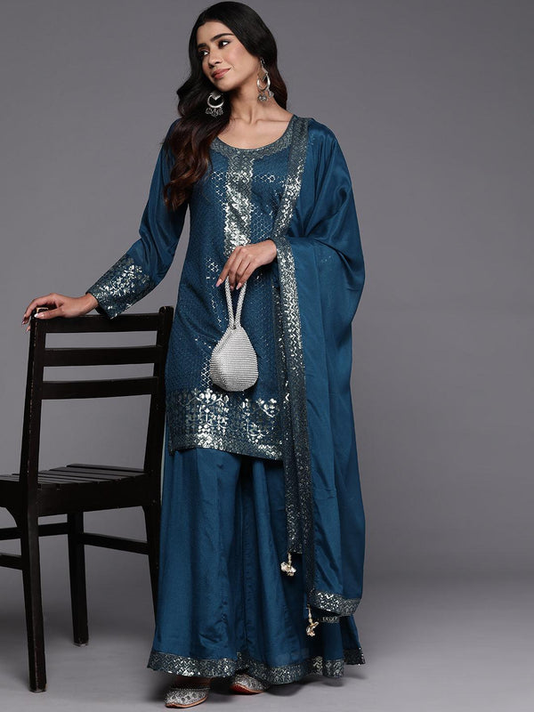 Jashvi Art Teal Self Design Georgette Straight Kurta With Palazzos & Dupatta - Jashvi