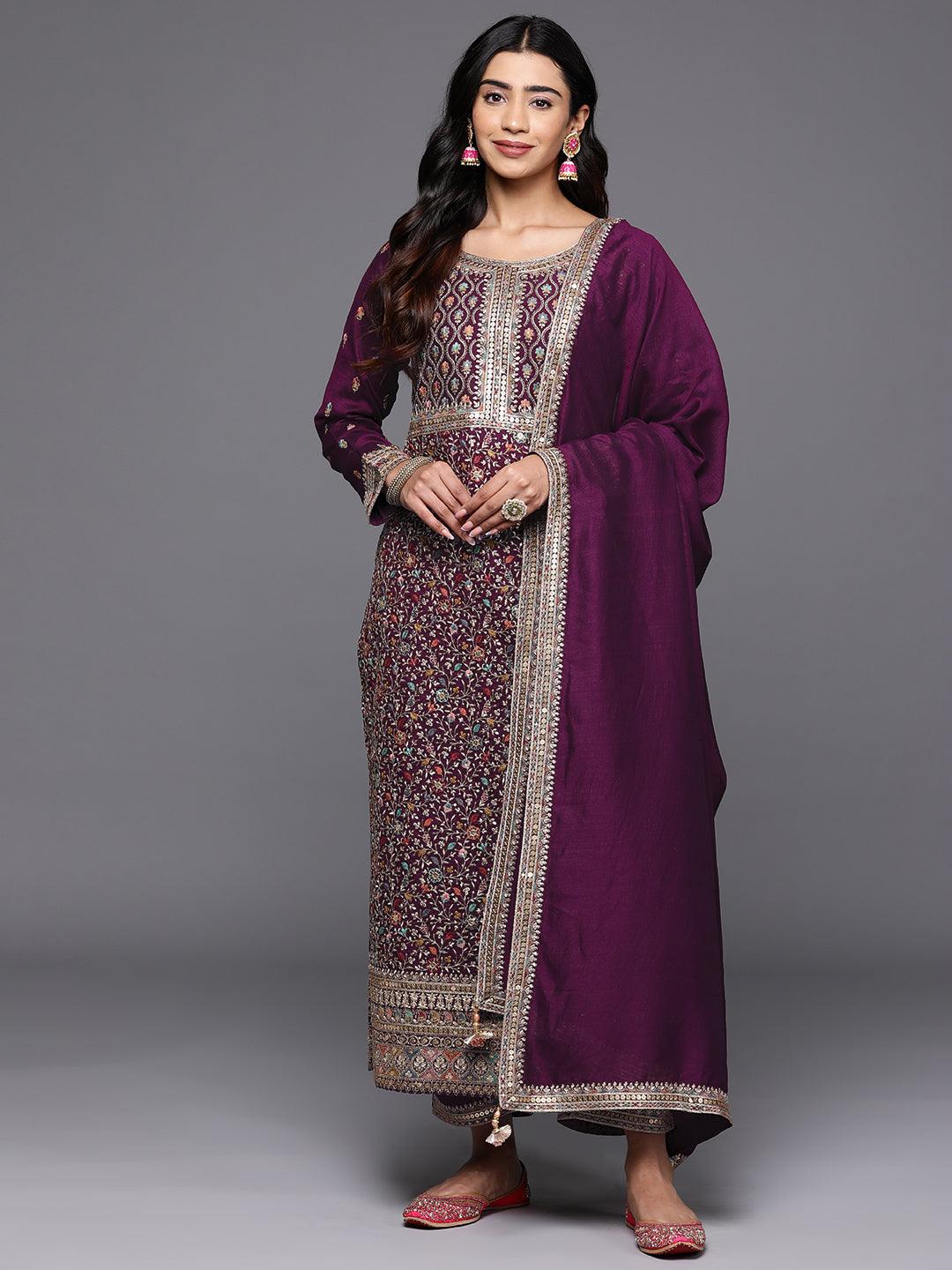 Jashvi Art Wine Embroidered Silk Blend Straight Kurta With Trousers & Dupatta - Jashvi