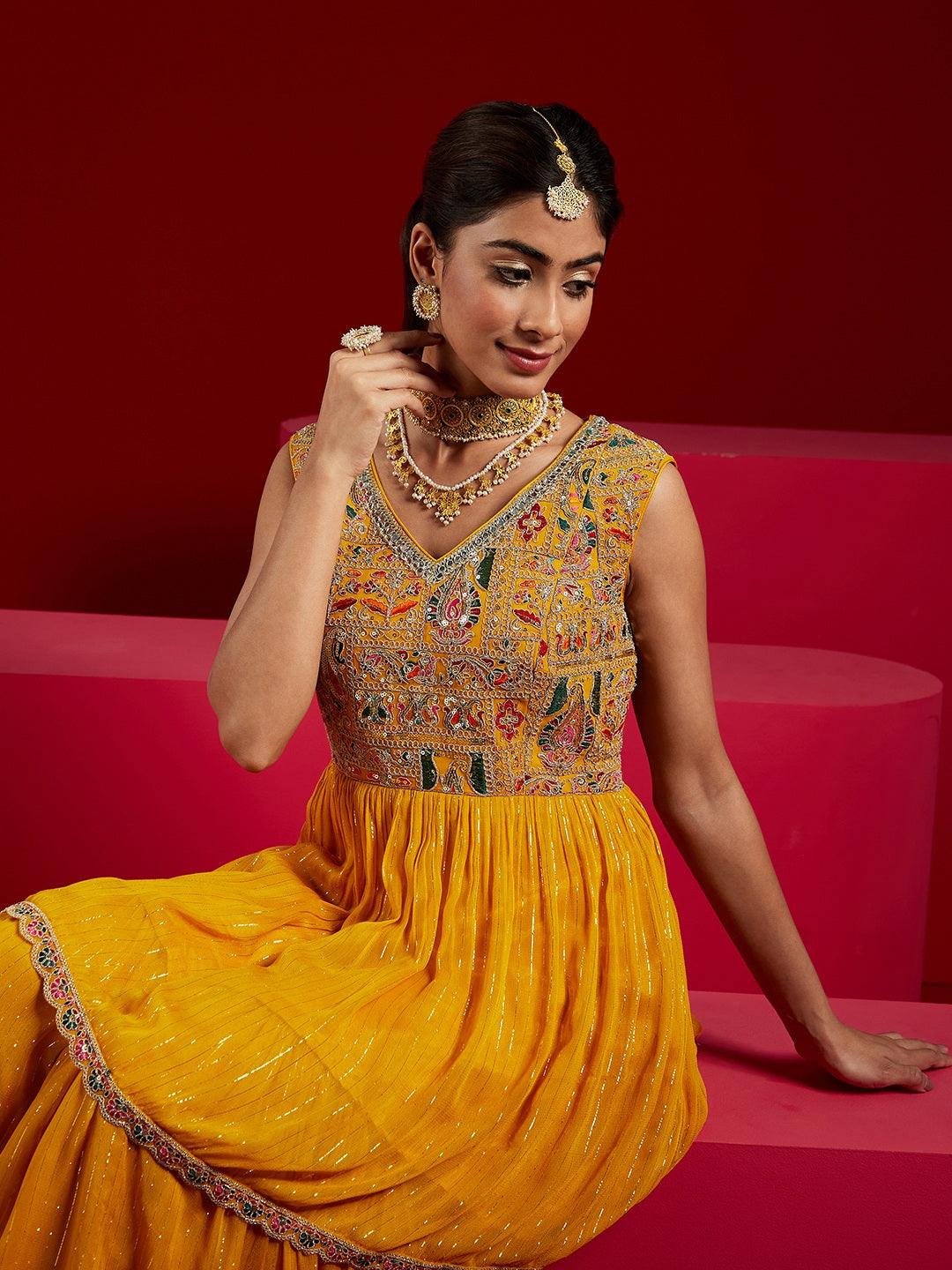 Jashvi Art Yellow Embroidered Chiffon A-Line Kurti With Sharara & Dupatta - Jashvi