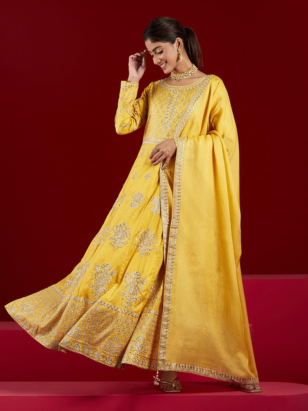 Jashvi Art Yellow Embroidered Silk A-Line Kurta With Trousers & Dupatta - Jashvi