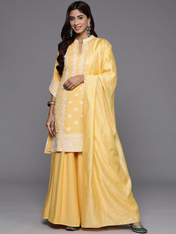 Jashvi Art Yellow Embroidered Silk Blend Straight Kurta With Palazzos & Dupatta - Jashvi