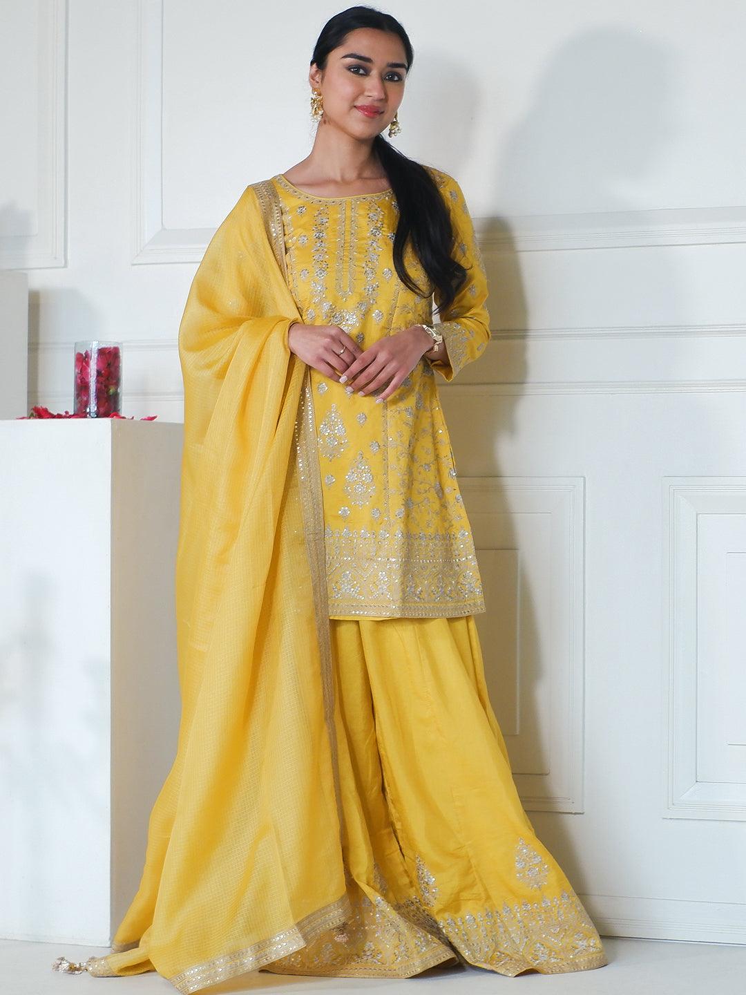 Jashvi Art Yellow Embroidered Silk Straight Kurti With Palazzos & Dupatta - Jashvi