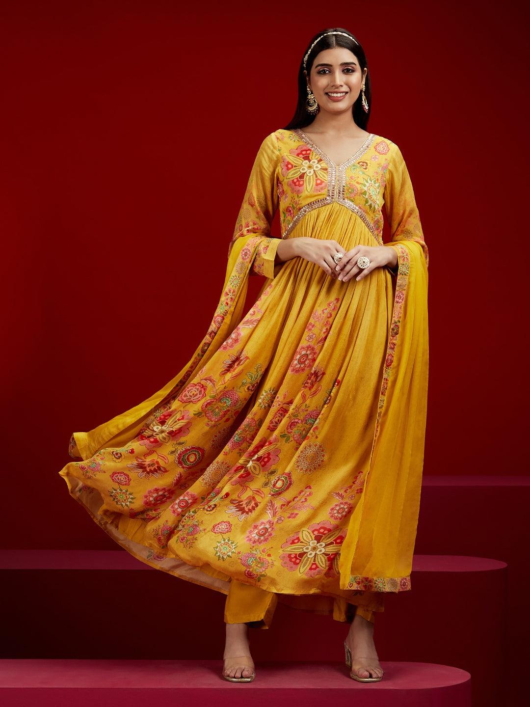 Jashvi Art Yellow Printed Silk Chiffon Anarkali Kurta With Trousers & Dupatta - Jashvi