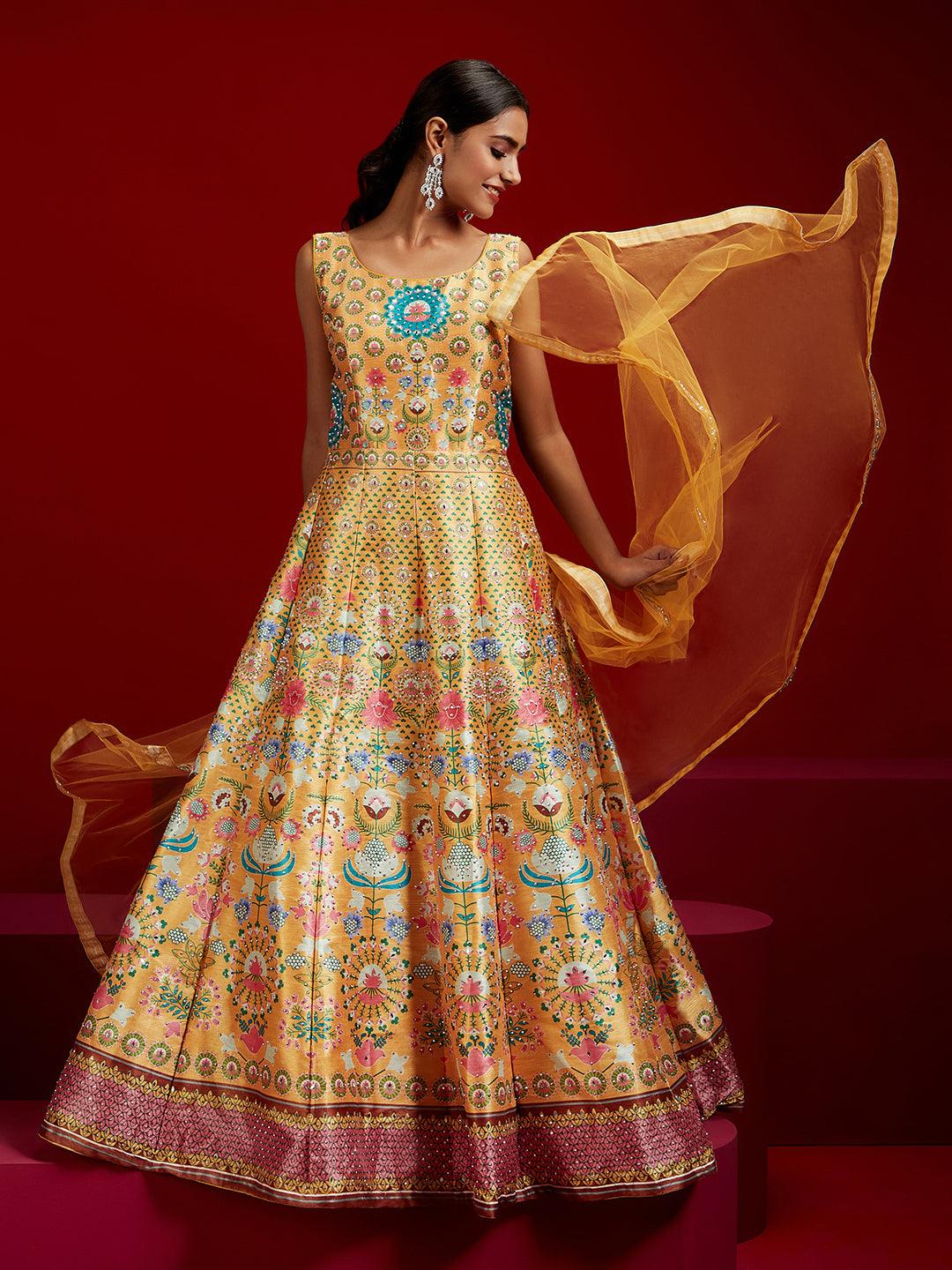 Jashvi Art Yellow Printed Silk Gown - Jashvi