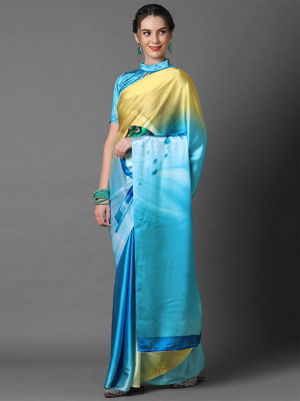 Women's Light Blue & Yellow Casual Crepe Printed Saree With Unstitched Blouse - Odette