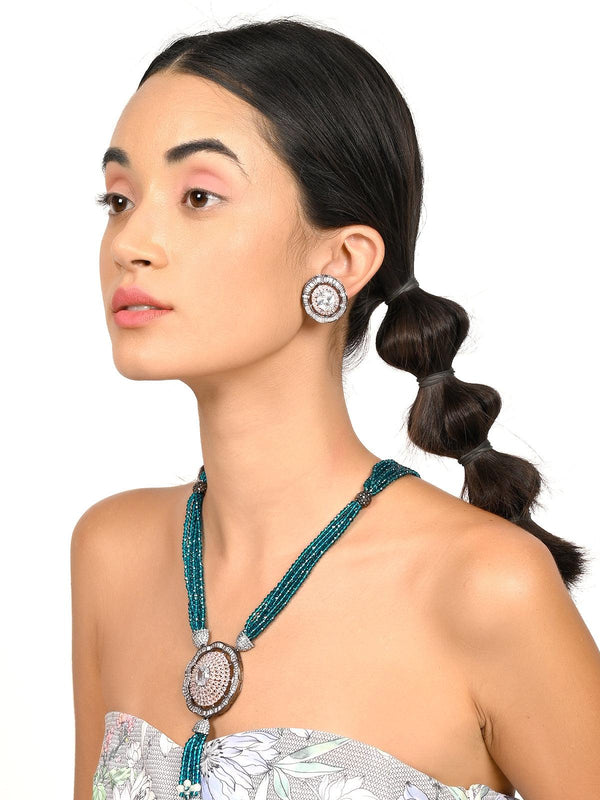 Women's Light Blue Beautiful Beaded Pendant Necklace Set - Odette