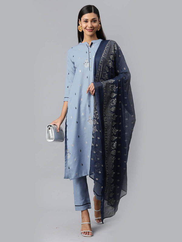 Women's Light Blue Cotton Blend Readymade Kurta Set For Women - Odette