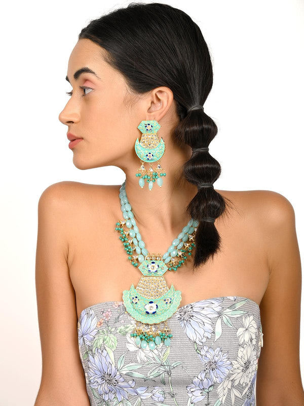 Women's Light Blue Kundan Work Necklace Set For Women - Odette