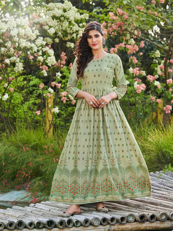 Women's Light Green Printed Floor Length Kurti - Odette