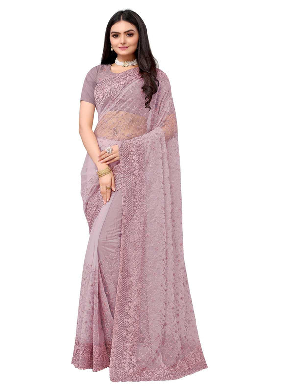 Women's Lilac Net Embroidered Saree With Blouse - Odette