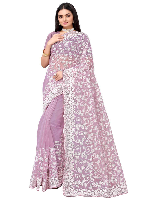 Women's Lilac Organza Embroidered Saree With Blouse - Odette