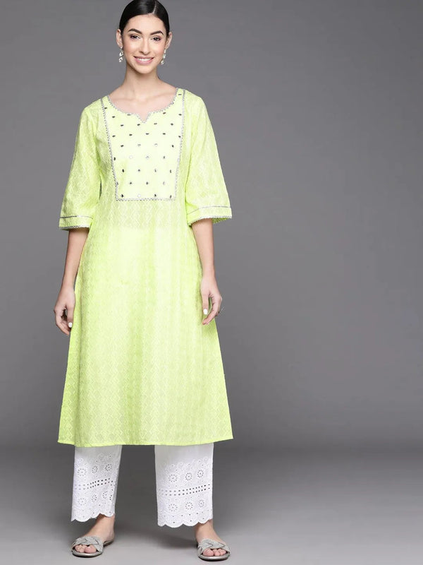 Lime Green Embroidered Cotton Kurta - Jashvi