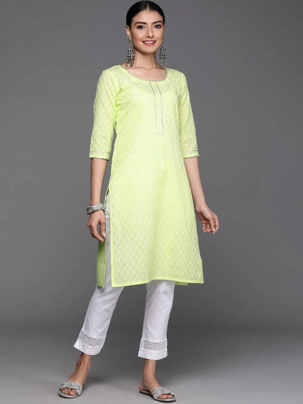 Lime Green Embroidered Cotton Kurta - Jashvi