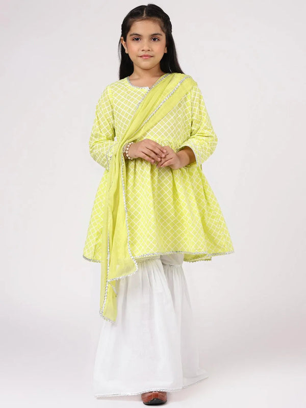 Lime Green Printed Cotton A-Line Suit Set - Jashvi