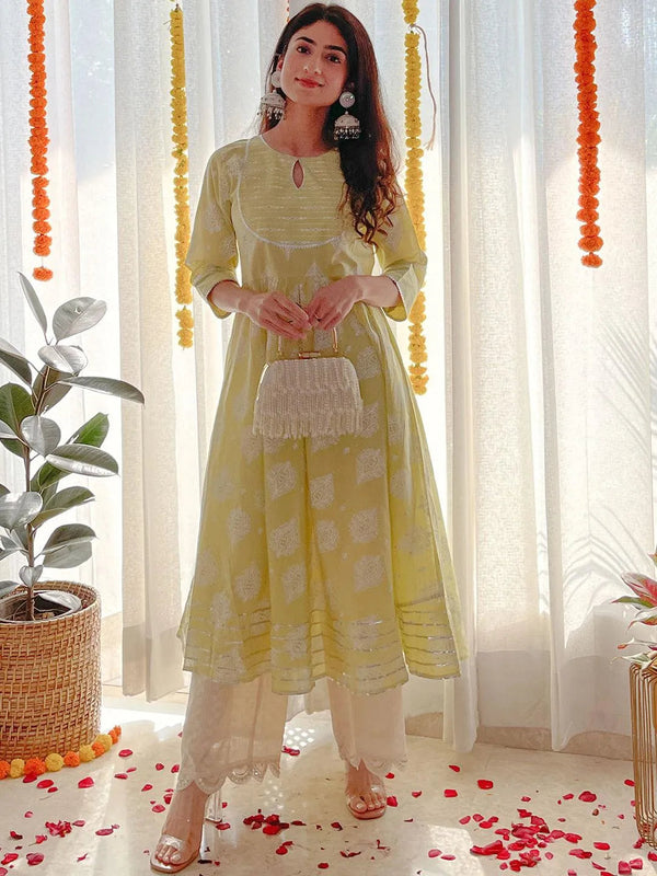 Lime Green Printed Cotton Anarkali Kurta - Jashvi