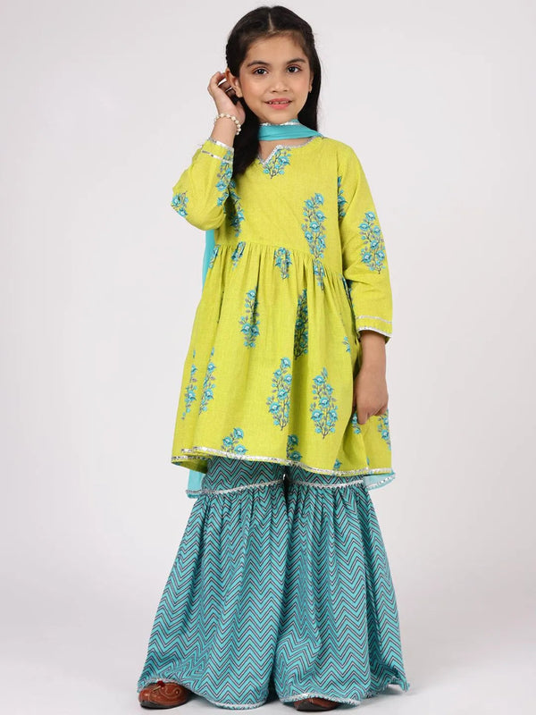 Lime Green Printed Cotton Suit Set - Jashvi