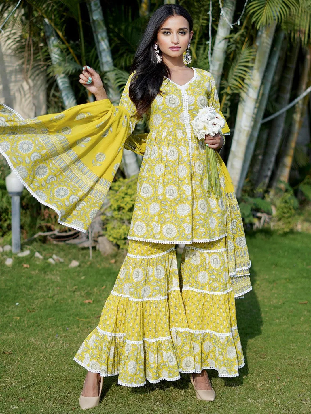 Lime Green Printed Cotton Anarkali Sharara Suit Set - Jashvi