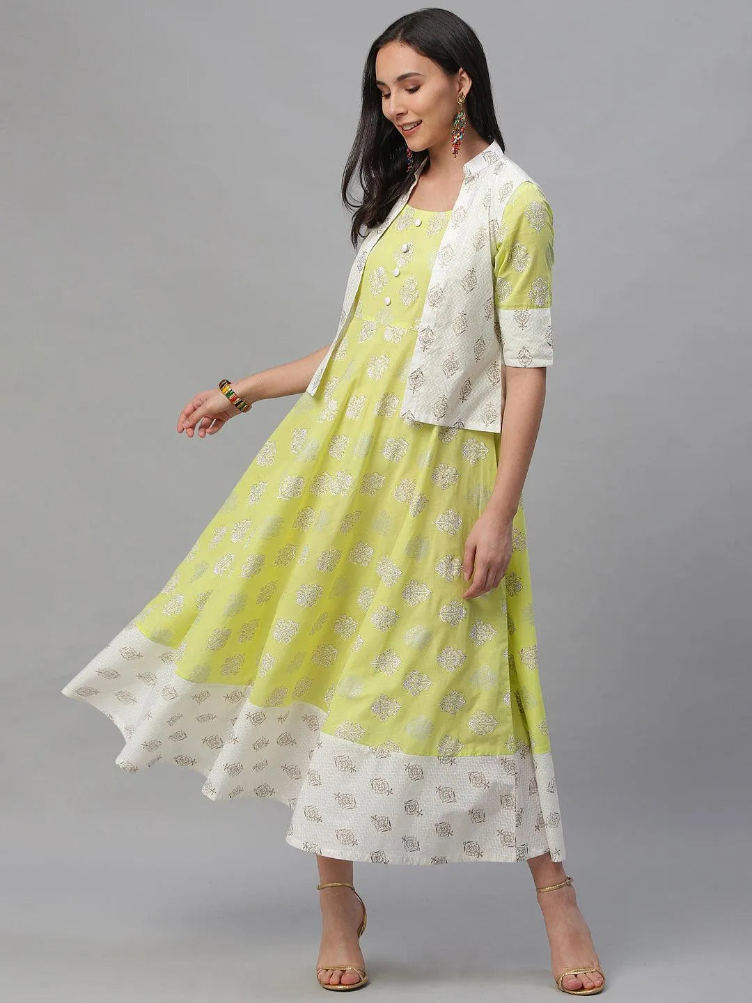 Lime Green Printed Cotton Dress With Jacket - Jashvi