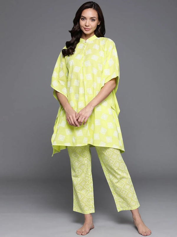 Lime Green Printed Cotton Night Suit - Jashvi