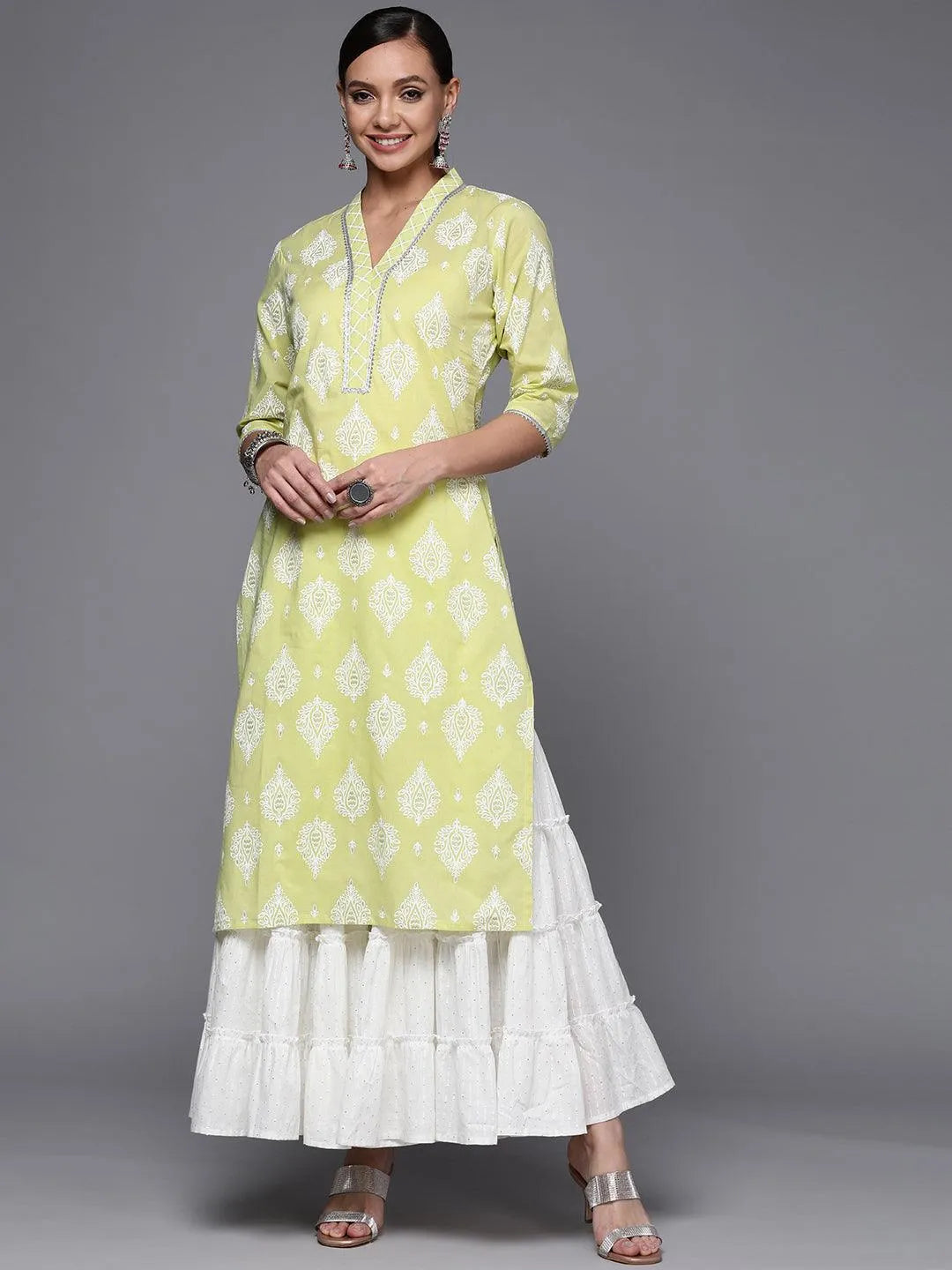 Lime Green Printed Cotton Straight Kurta - Jashvi