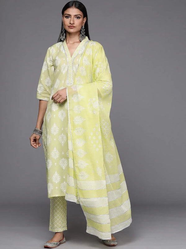 Lime Green Printed Cotton Straight Suit Set - Jashvi