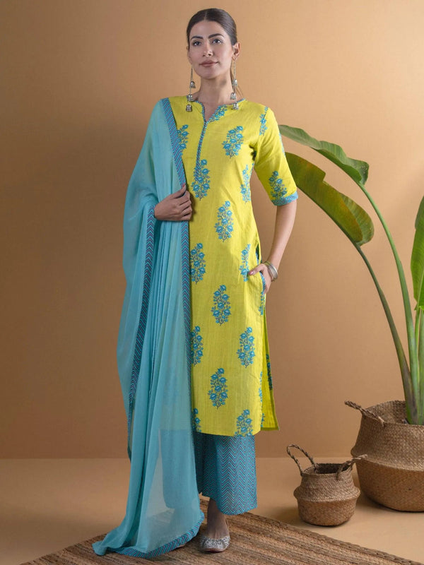 Lime Green Printed Cotton Suit Set - Jashvi