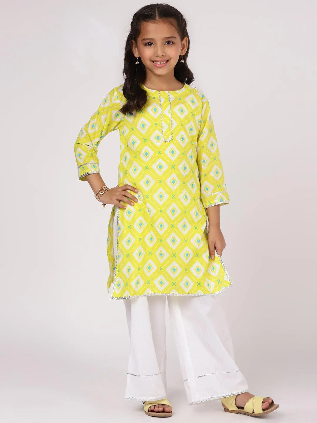 Lime Green Printed Cotton Kurta Set - Jashvi