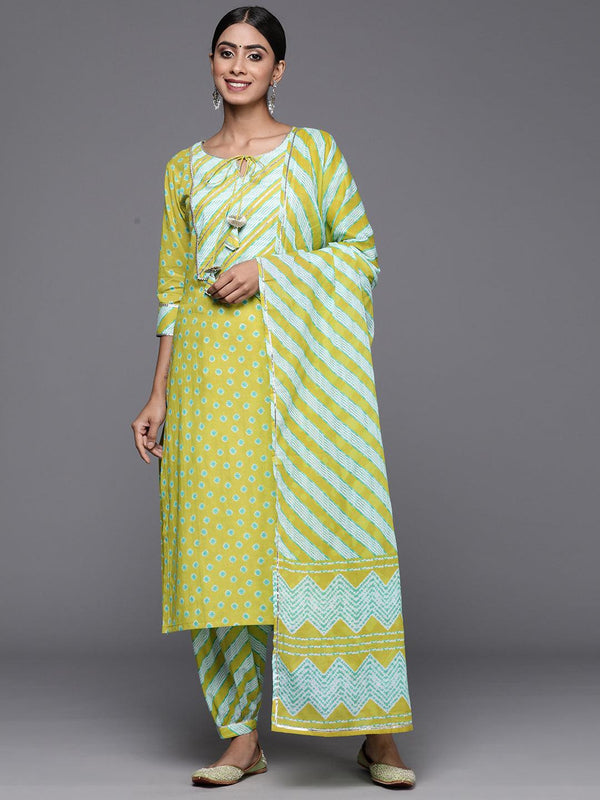 Lime Green Printed Cotton Straight Kurta With Salwar & Dupatta - Jashvi