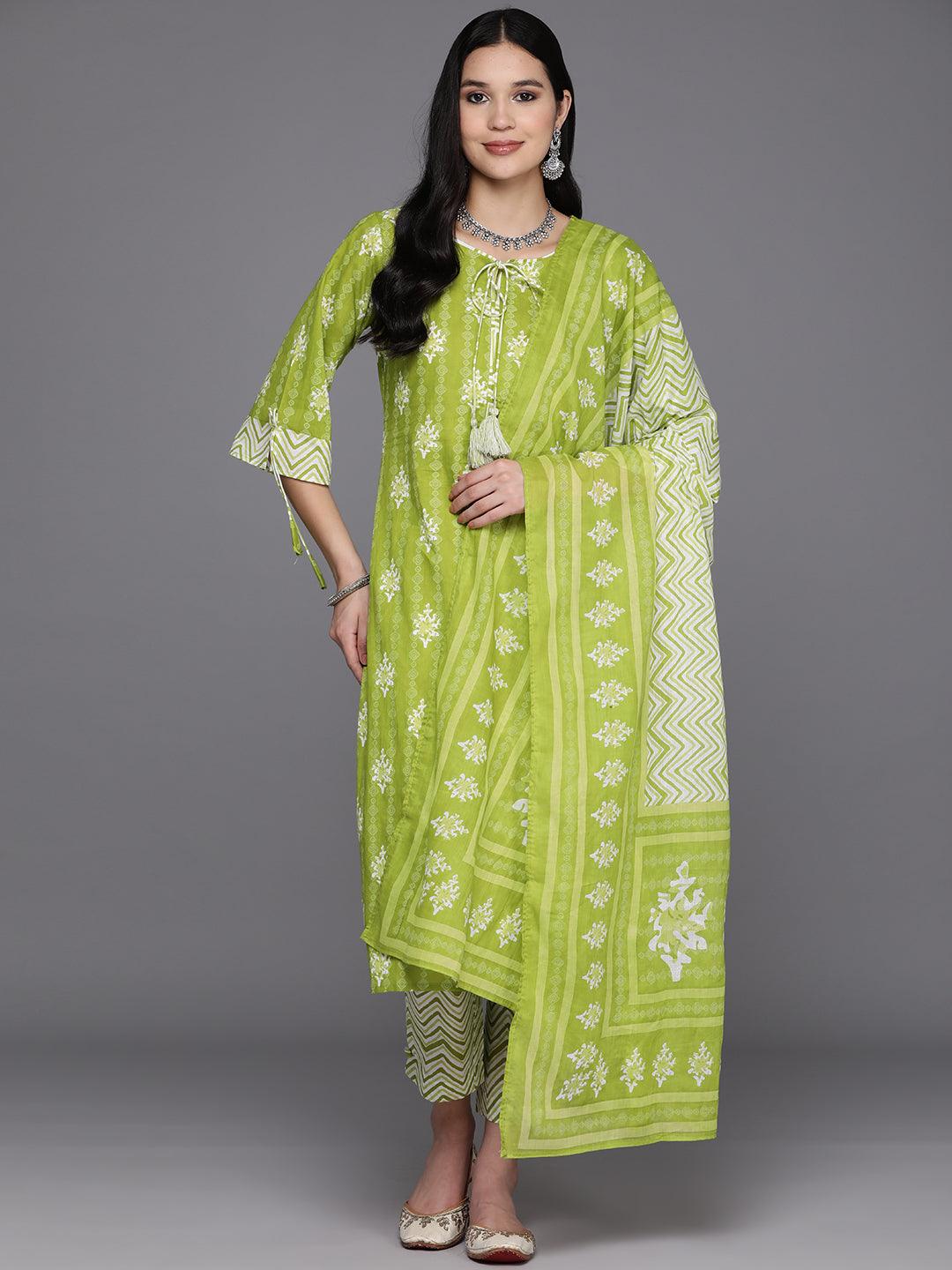 Lime Green Printed Cotton Straight Suit Set With Trousers - Jashvi