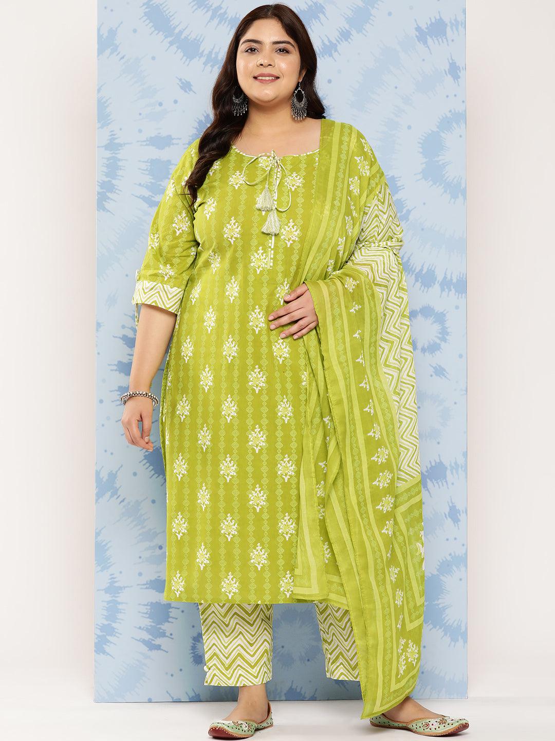 Lime Green Printed Cotton Straight Kurta With Trousers and Dupatta - Jashvi