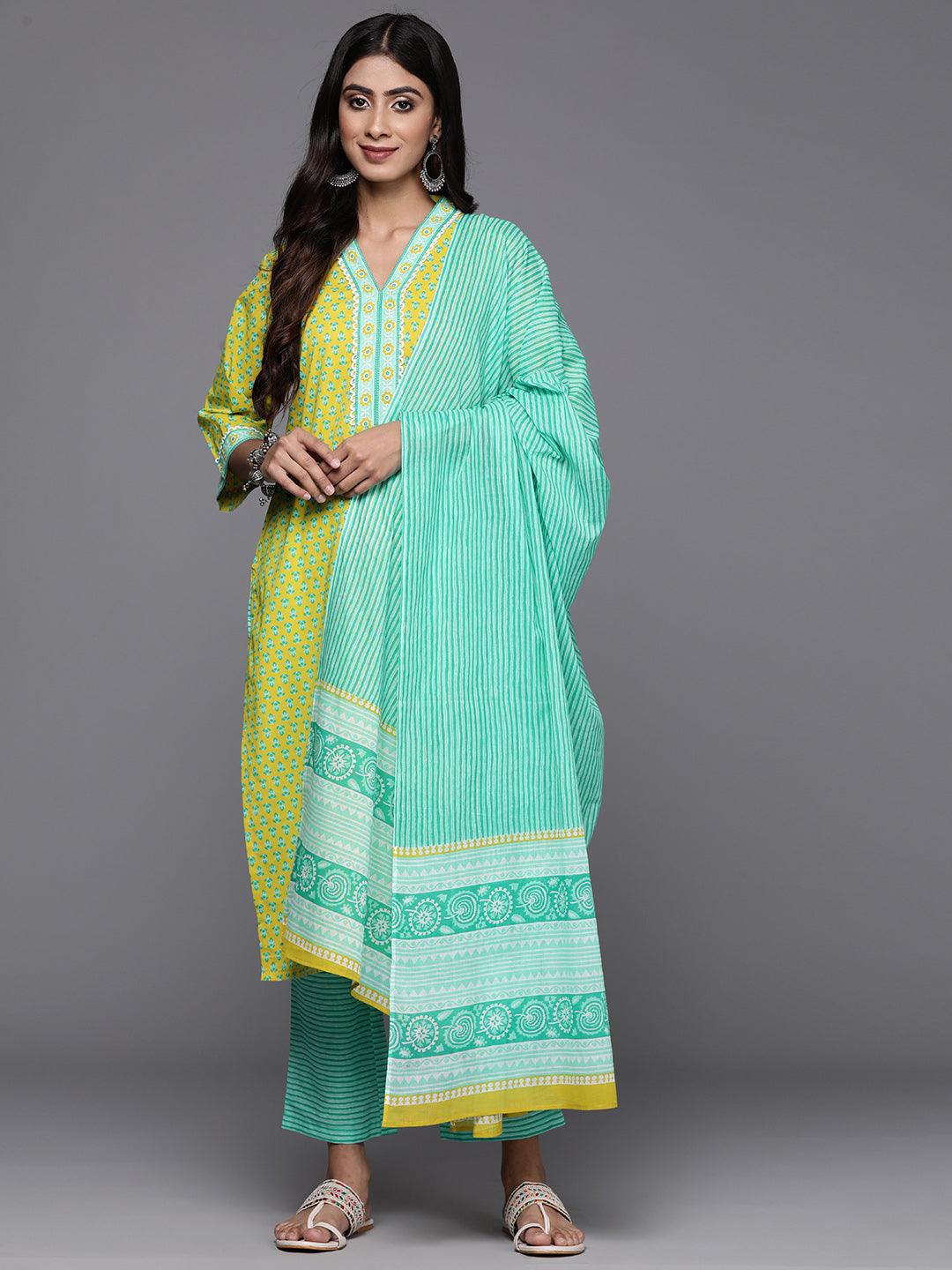 Lime Green Printed Cotton Straight Kurta With Trousers & Dupatta - Jashvi