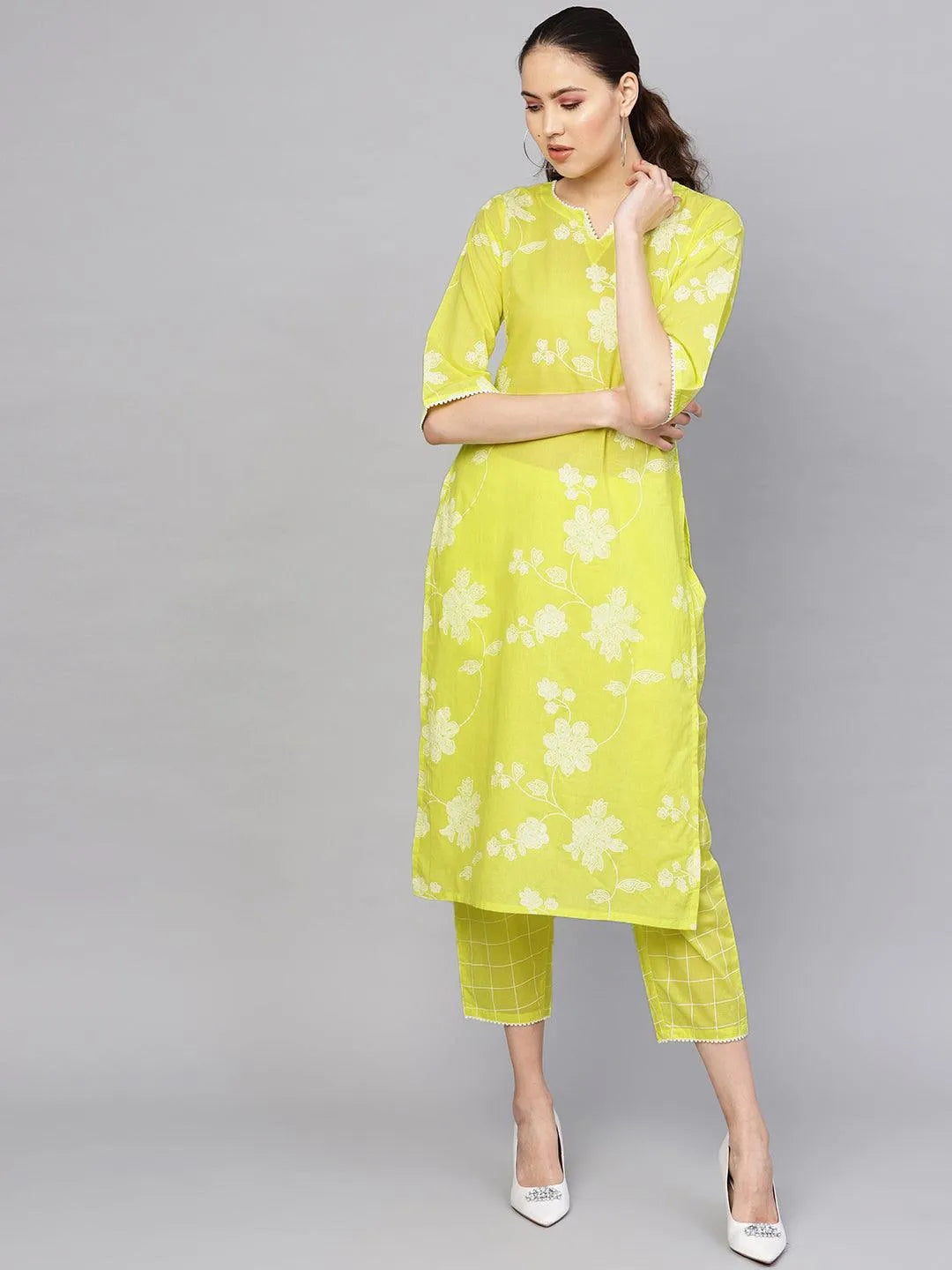 Lime Green Printed Cotton Kurta Set - Jashvi