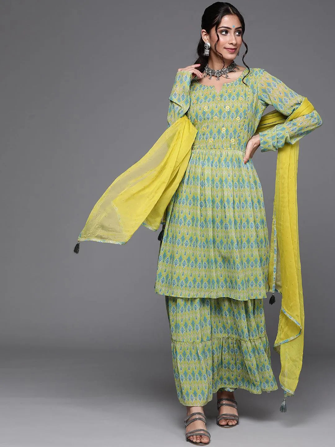 Lime Green Printed Georgette Suit Set - Jashvi