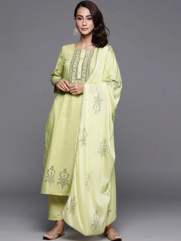 Lime Green Printed Viscose Rayon Suit Set - Jashvi