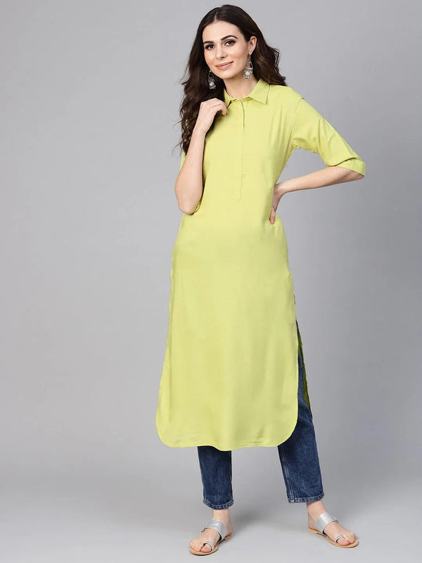 Lime Green Solid Rayon Kurta - Jashvi