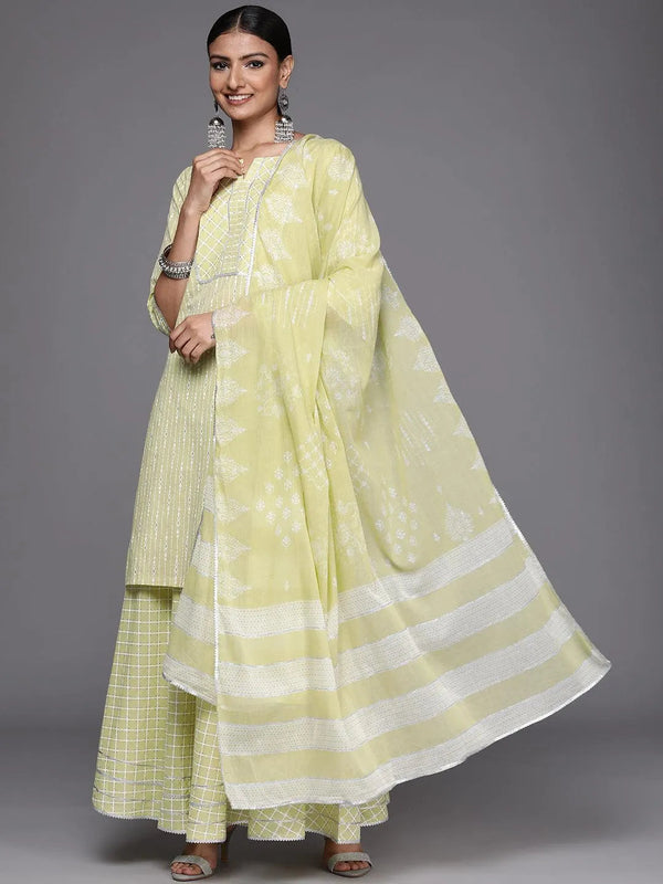 Lime Green Yoke Design Cotton Straight Suit Set - Jashvi