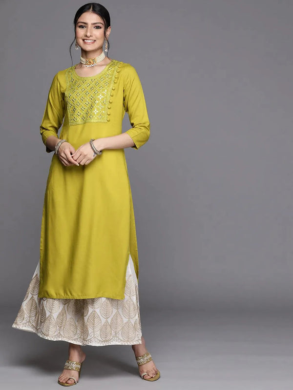 Lime Green Yoke Design Rayon Kurta - Jashvi