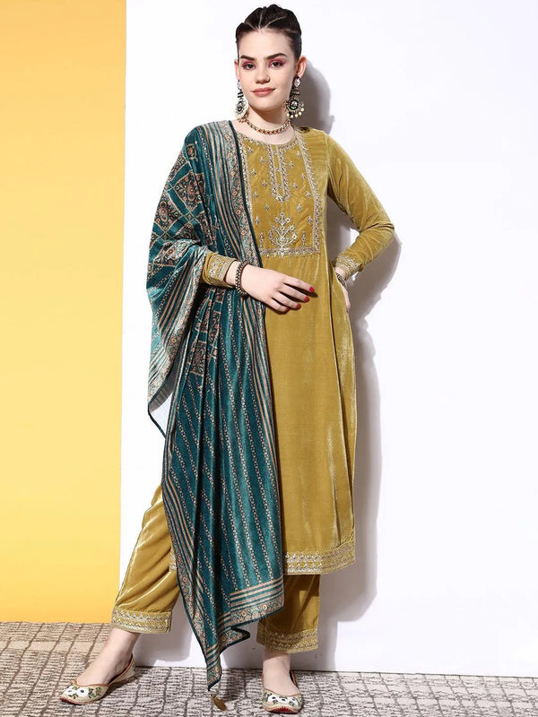 Lime Green Yoke Design Velvet Straight Suit Set - Jashvi