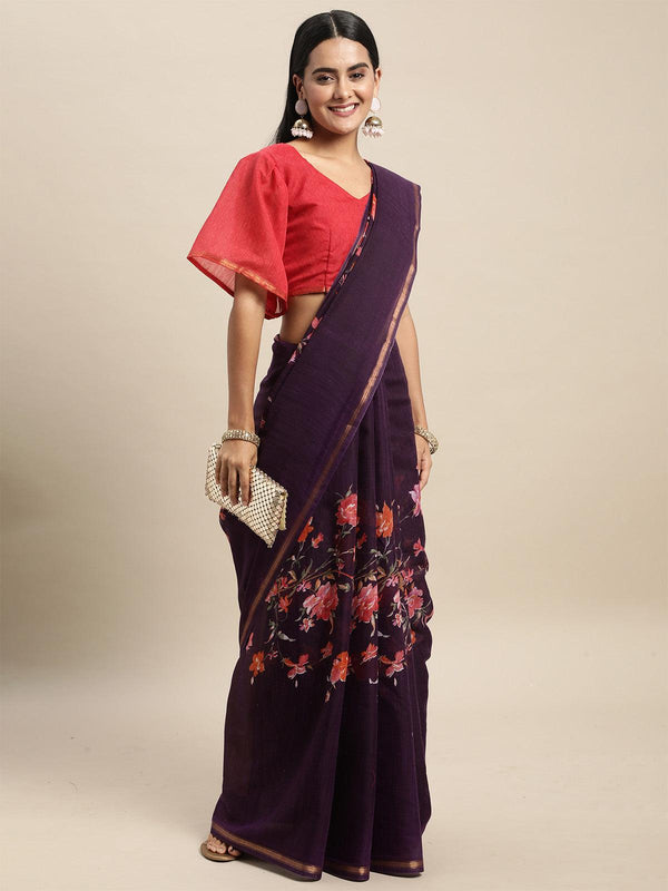 Women's Linen Blend Purple Printed Saree With Blouse Piece - Odette