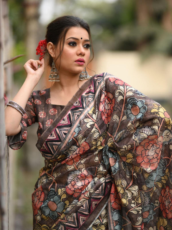 Women's Linen Brown Traditional Kalamkari Printed Saree - Odette