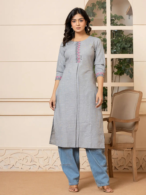 Linen Grey Embroidery Straight Kurta