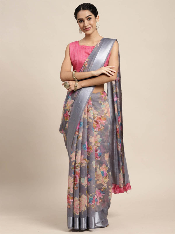 Women's Linen Grey Printed Designer Saree With Blouse Piece - Odette