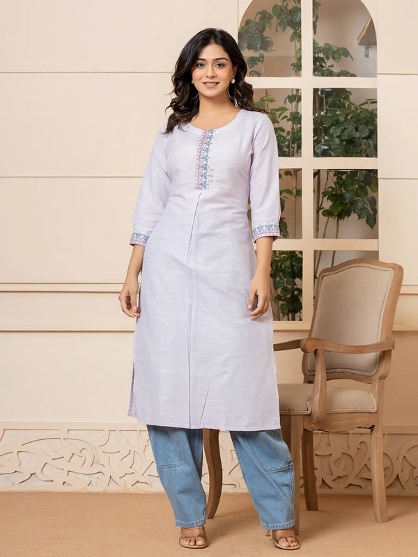 Linen Lavender Embroidery Straight Kurta