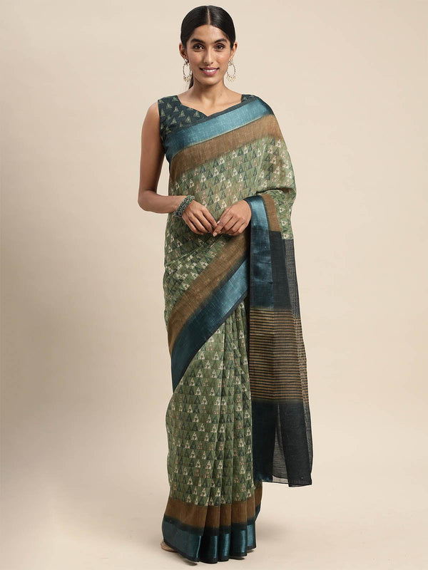 Women's Linen Olive Printed Designer Saree With Blouse Piece - Odette