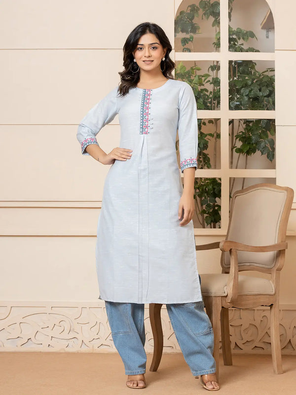 Linen Sky Blue Embroidery Straight Kurta