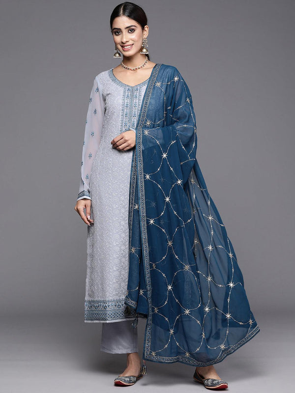 Livid Blue Embroidered Georgette Straight Kurta With Trousers & Dupatta - Jashvi