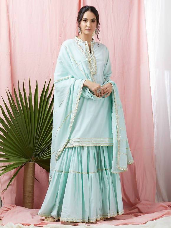 Women's Turquoise Mulmul Cotton Blue Kurta Skirt Dupatta Set - Cheera